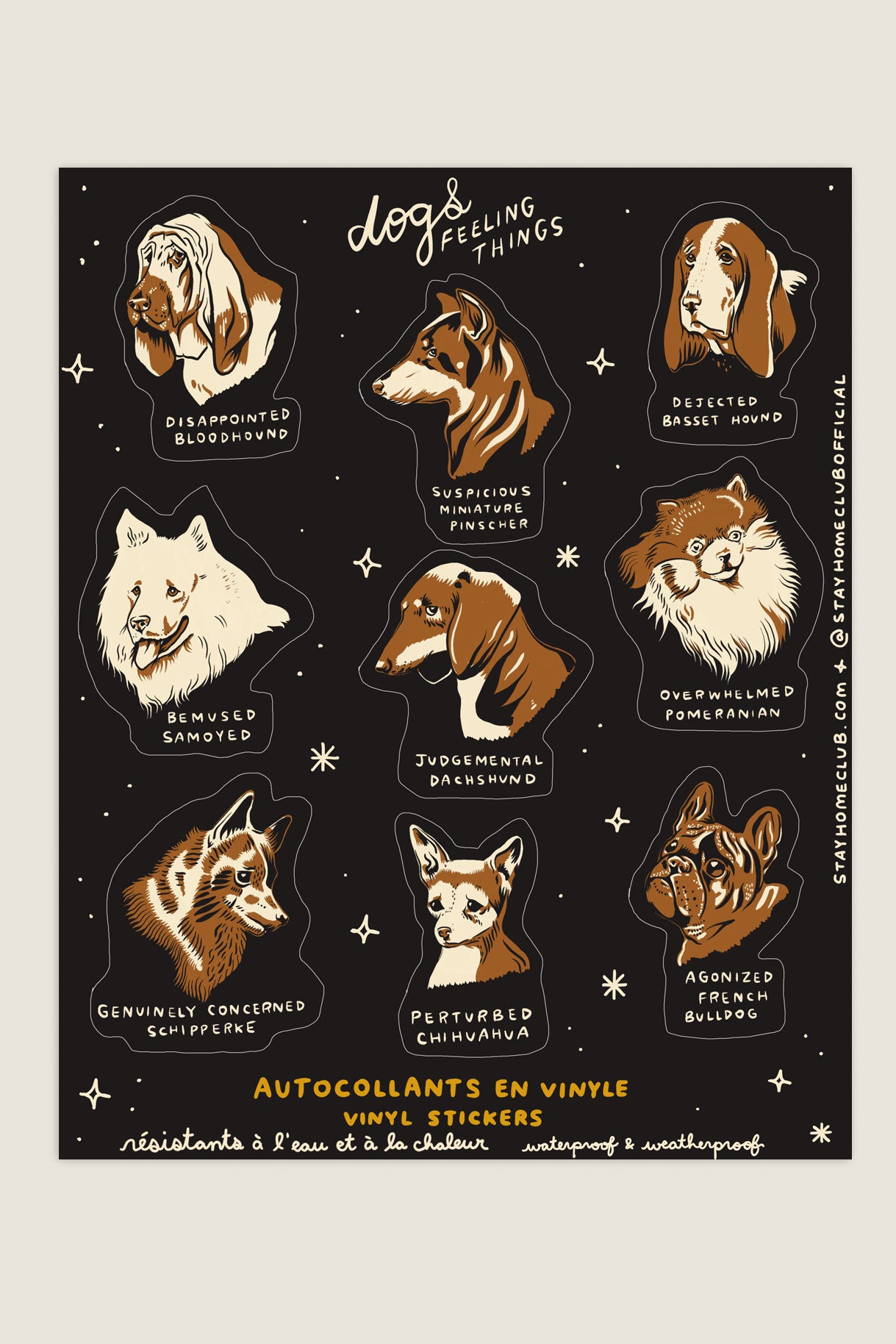 Sticker sheet featuring various dog breeds with funny captions