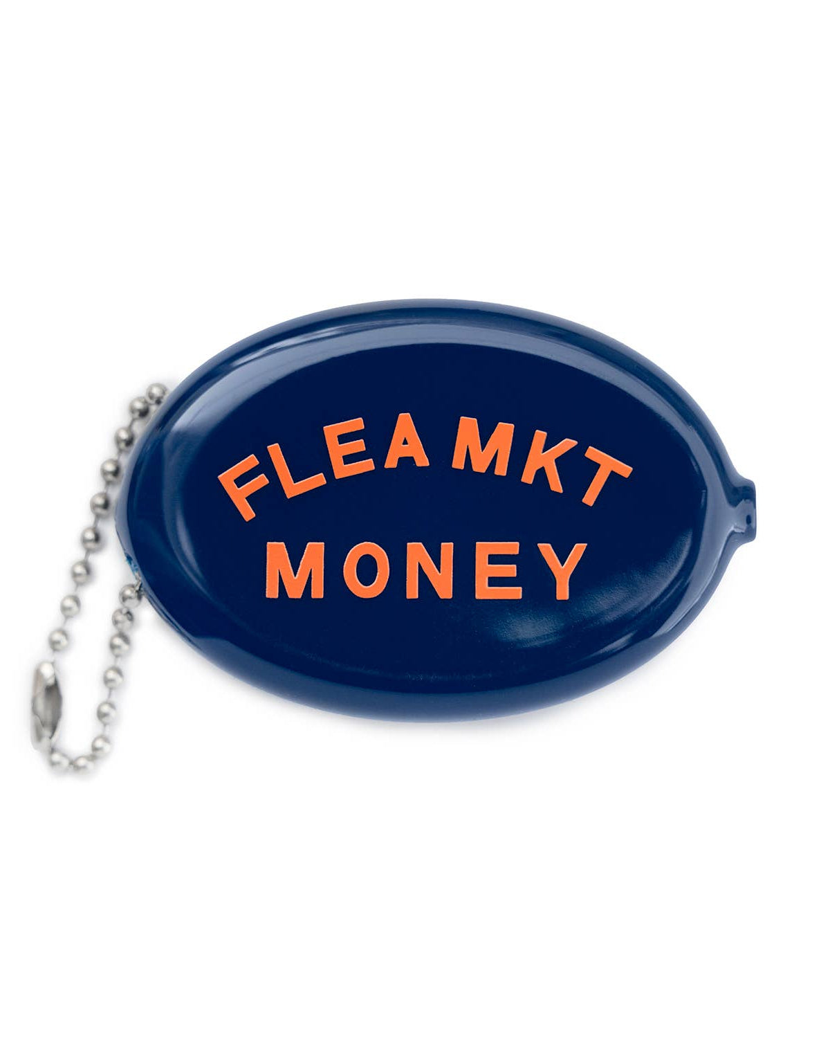 Blue coin purse with 'Flea MKT MONEY' text on a white background