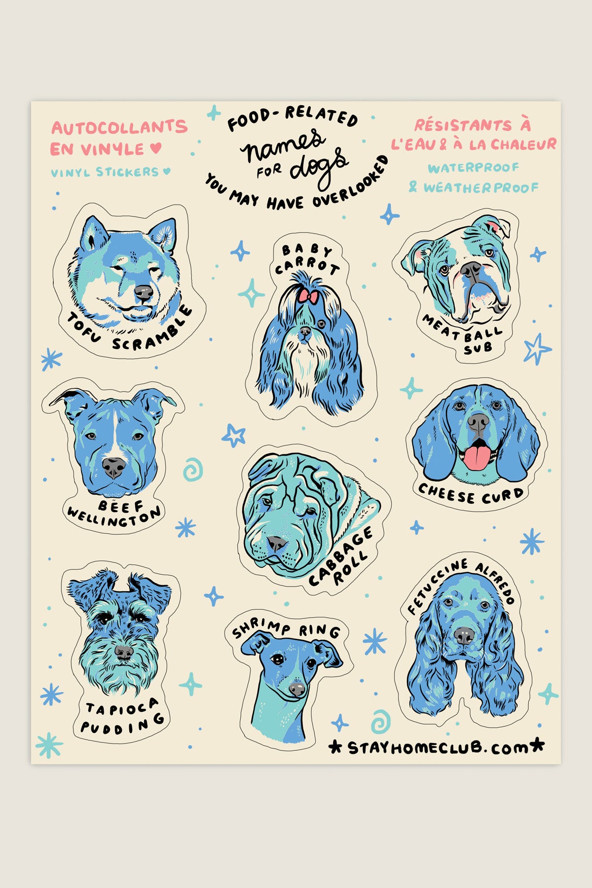 Sticker sheet featuring dogs with funny food related names