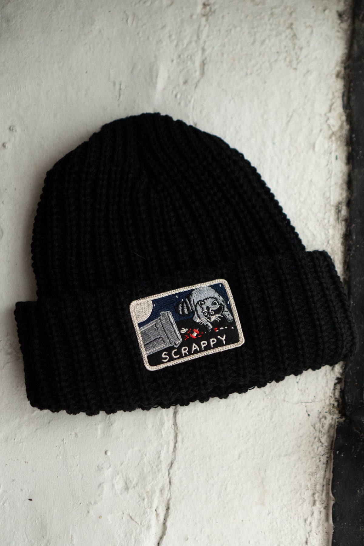 Scrappy Raccoon Patched Chunky Beanie