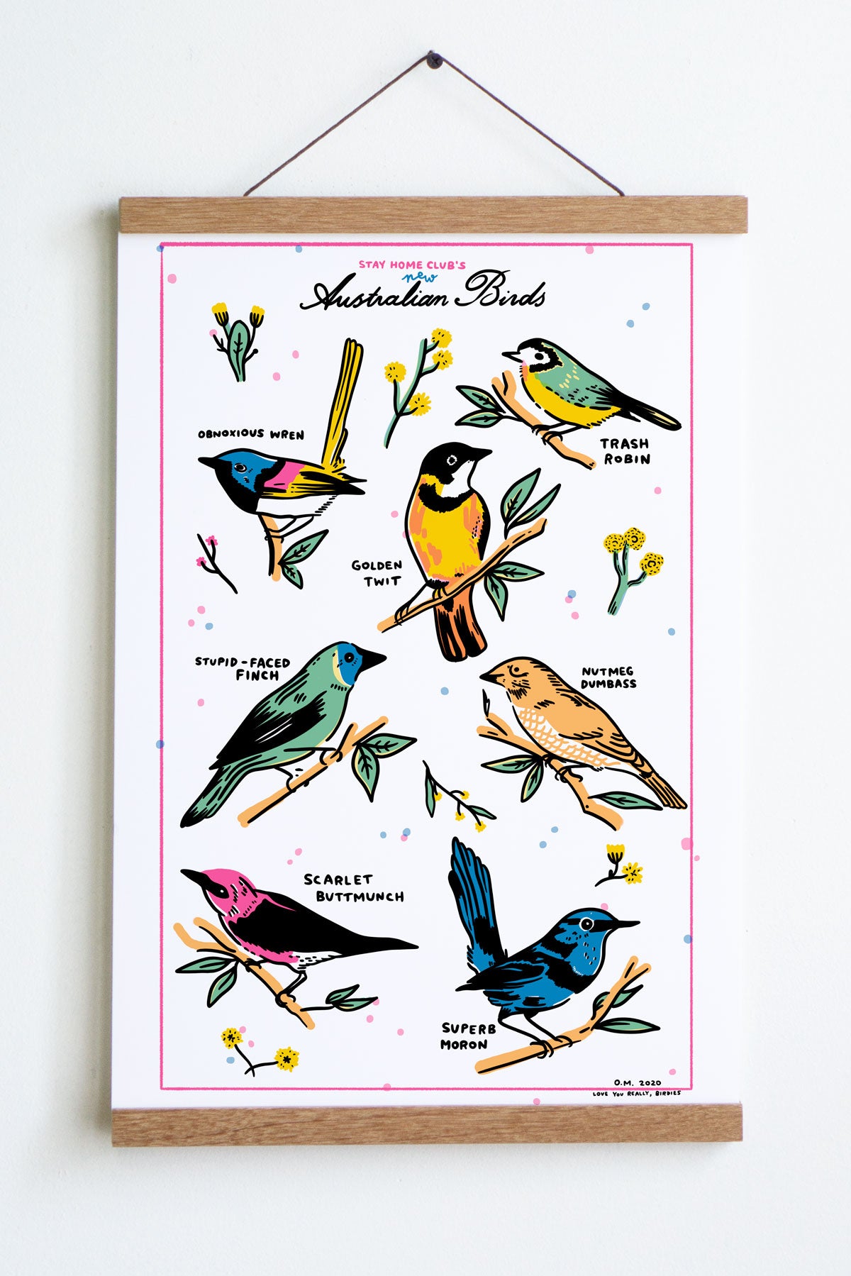 stay home club's new autralian birds print with colourful birds with rude names scarlet buttmunch nutmeg dumbass trash robin 