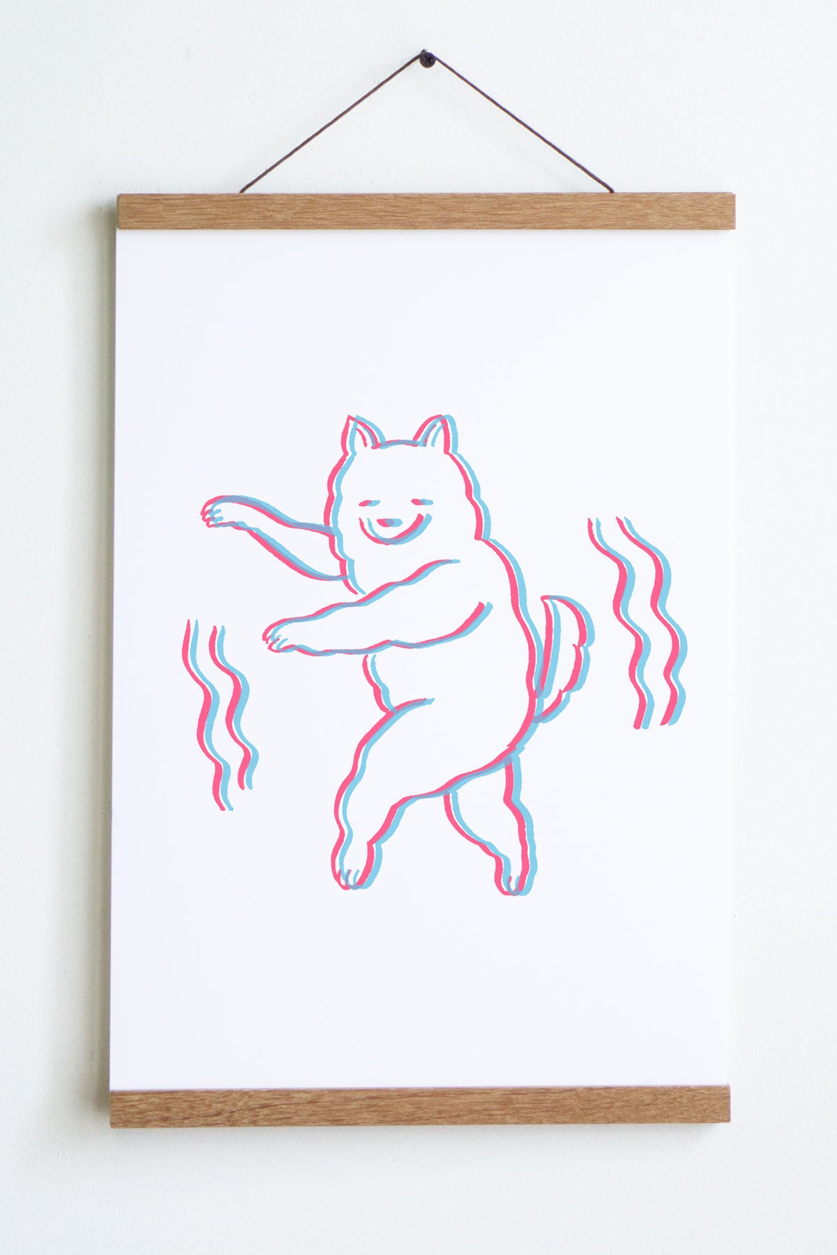 line drawing in pink and blue of dog on hind legs and smiley face with wiggle lines on both sides 