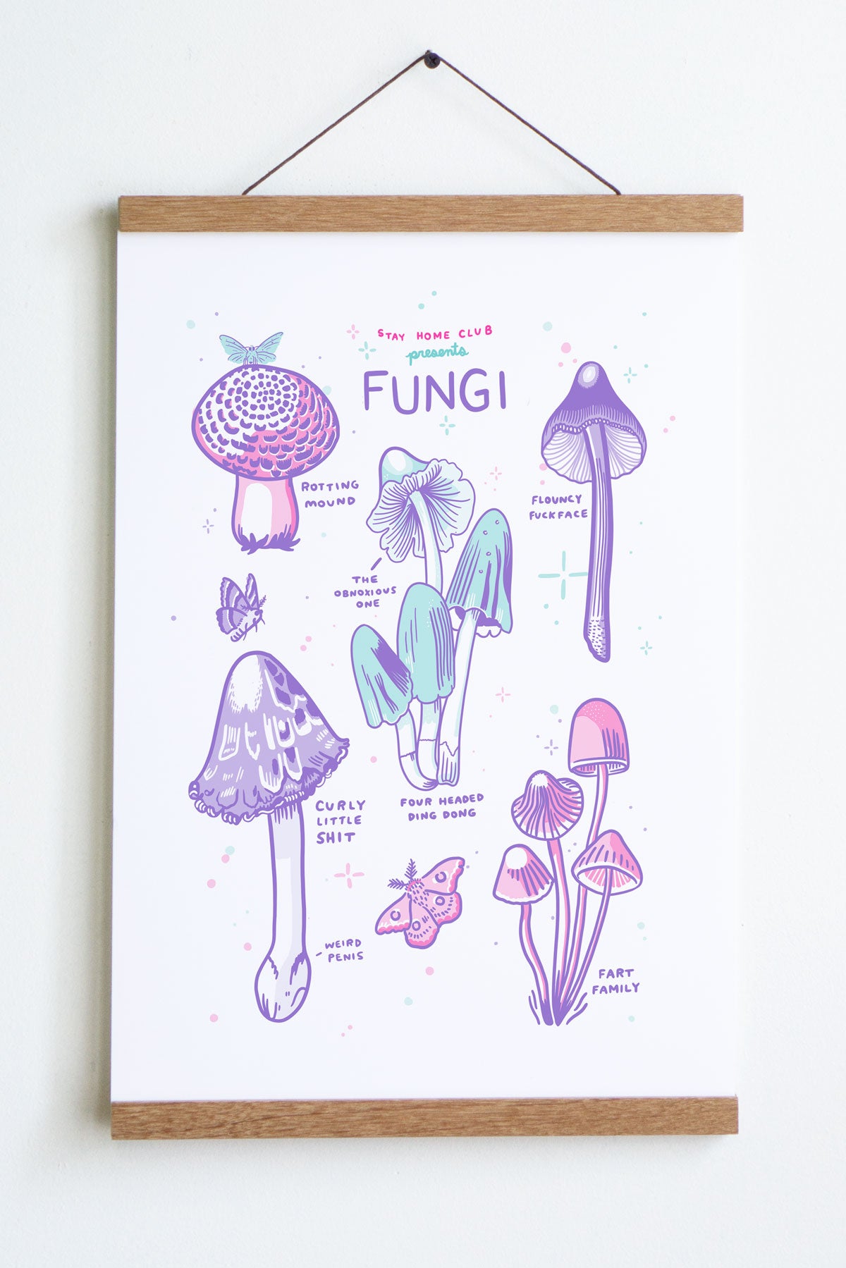 drawing in light purple pink and blue of mushrooms with text that reads stay home club presents  fungi at top and small text rotting mound flouncy fuckface fart family etc